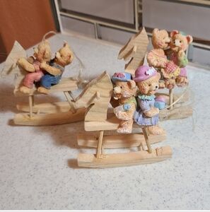 Vintage Bear Family on Wooden Rocking Horses - Multicolor